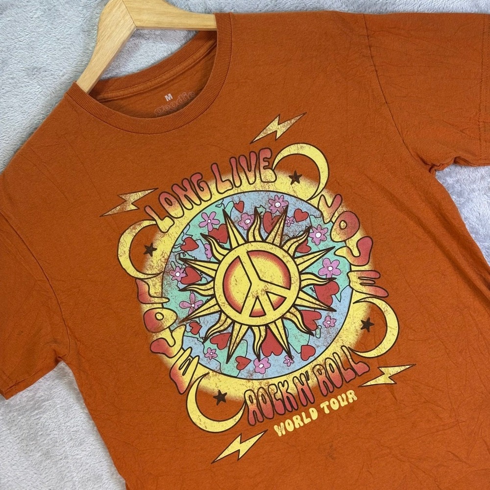 Goodie Two Sleeves Women's Long Live Rock N Roll Peace Tee Orange Med Casual